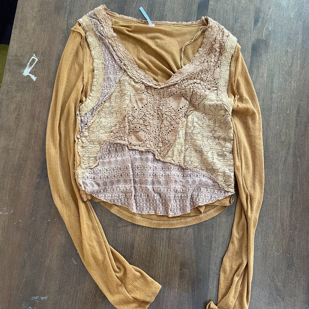 Free People Orange Long Sleeve Lace Overlay Shirt - Size M
